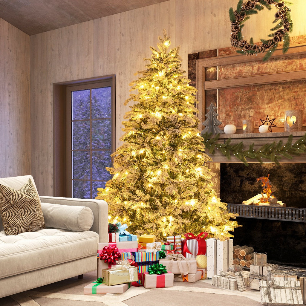4.5/6/7 Feet Flocked Christmas Tree with Warm White LED Lights-7 ft