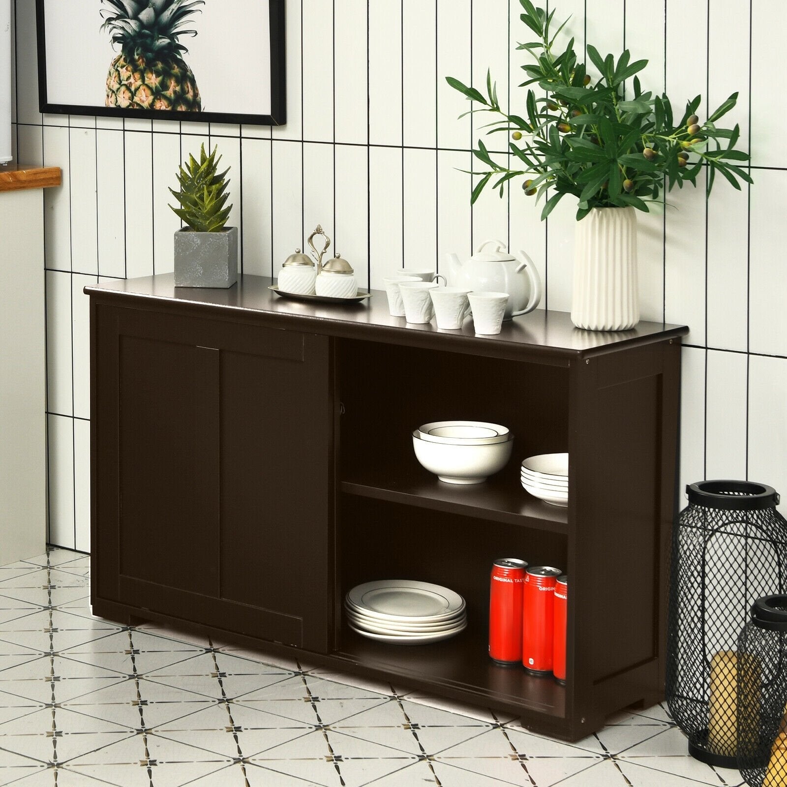 Kitchen Storage Cupboard Cabinet with Sliding Door-Black