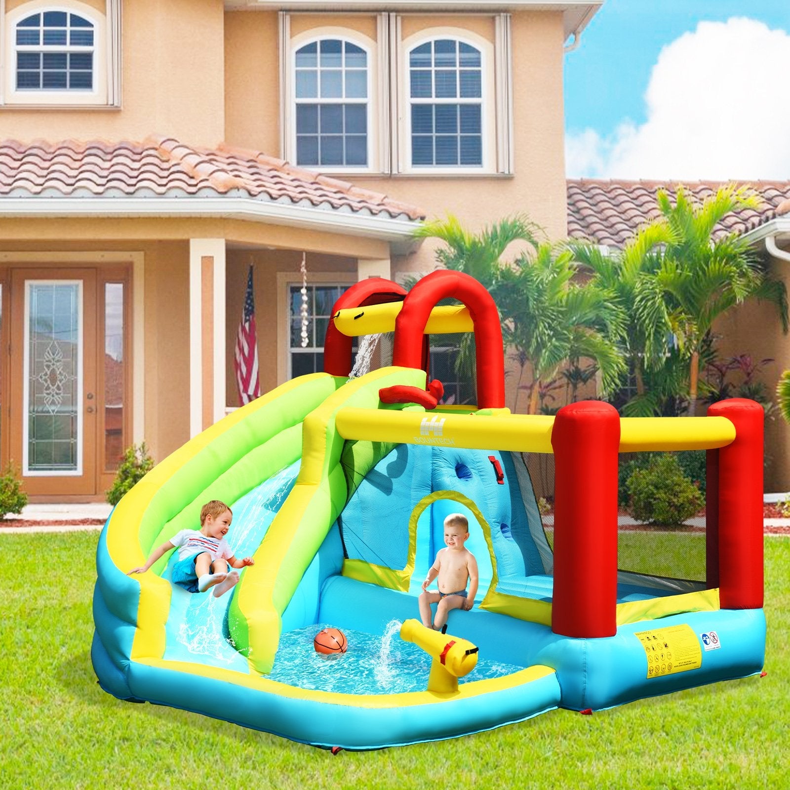 6-in-1 Inflatable Bounce House with Climbing Wall and Basketball Hoop with Blower