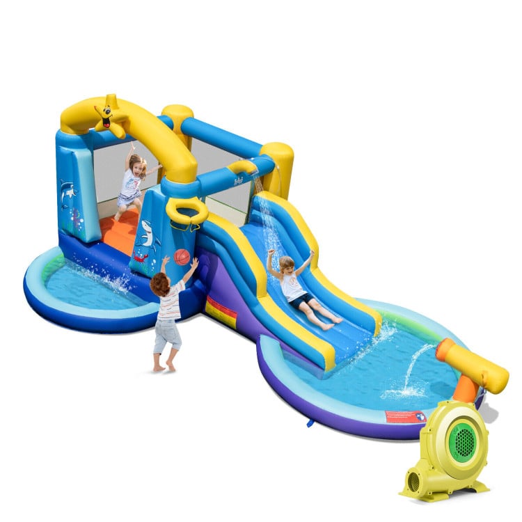 Inflatable Ocean-Themed Bounce House with 680W Blower and 2 Pools