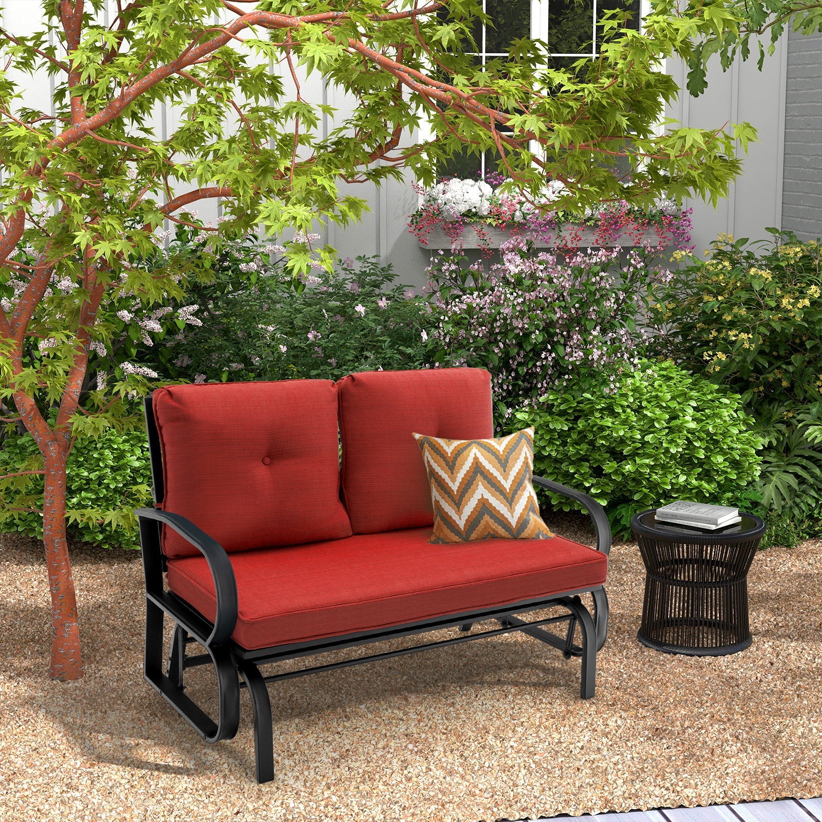 Patio 2-Person Glider Bench Rocking Loveseat Cushioned Armrest-Beige