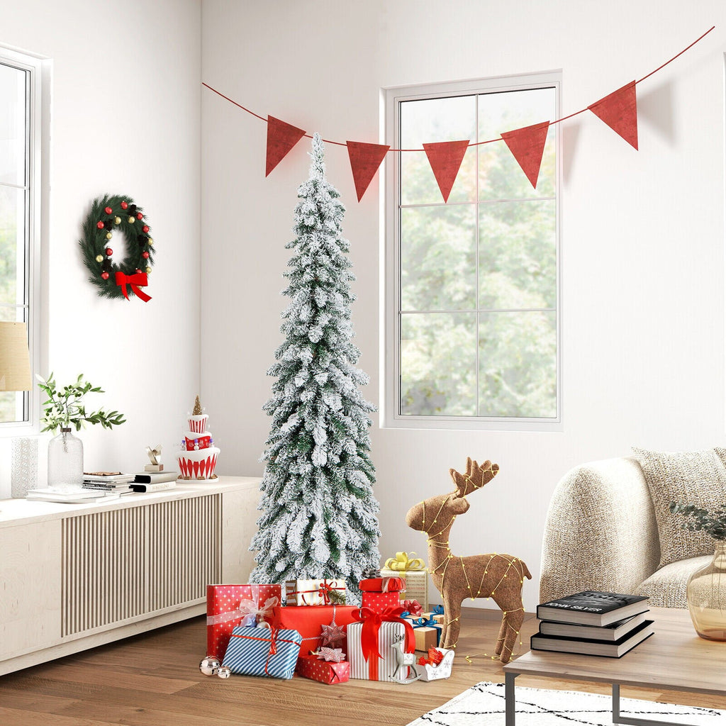 4/5/6 Feet Pre-Lit Artificial Christmas Tree Snow-Flocked Slim Pencil Xmas Decor-6 ft