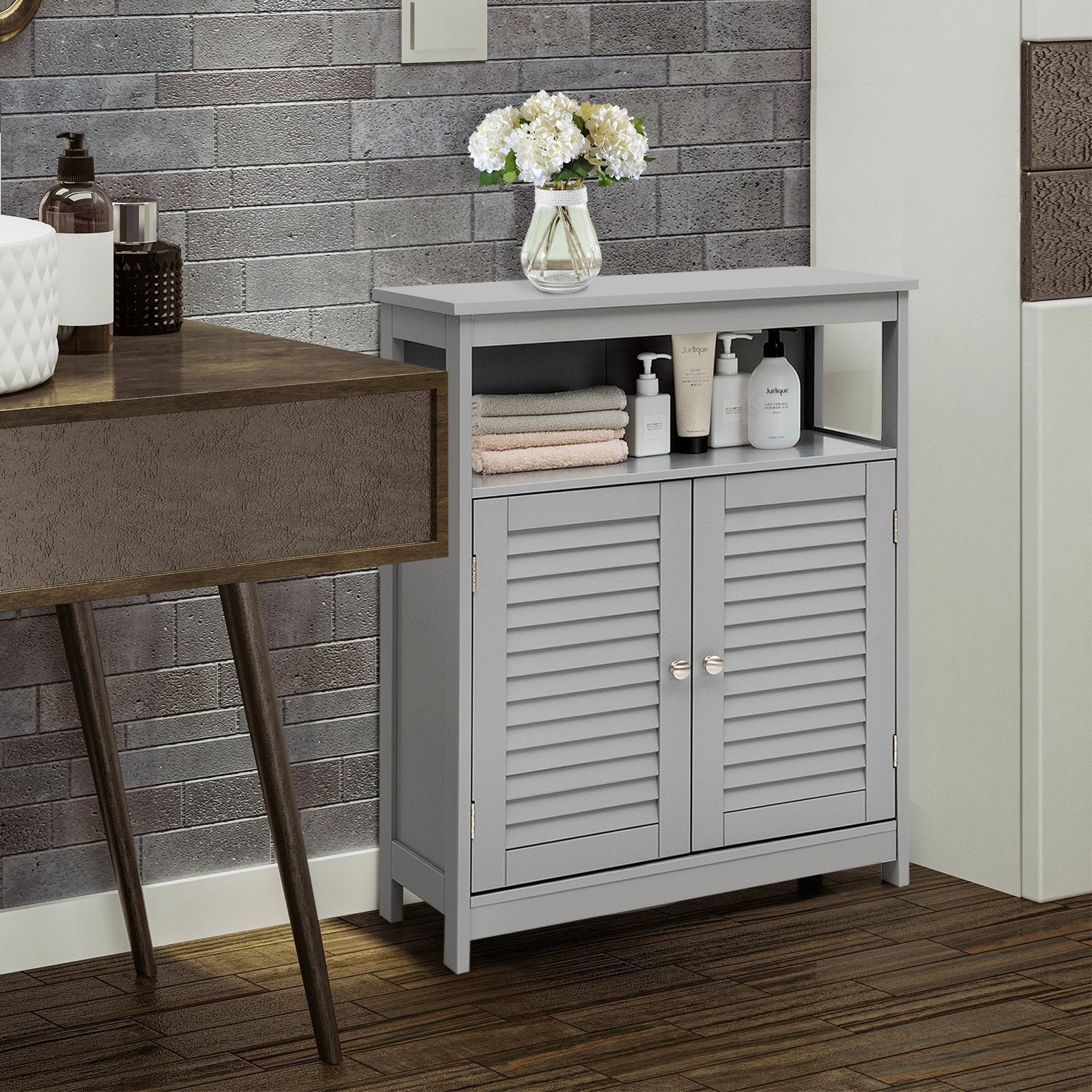 Wood Freestanding Bathroom Storage Cabinet with Double Shutter Door-Black