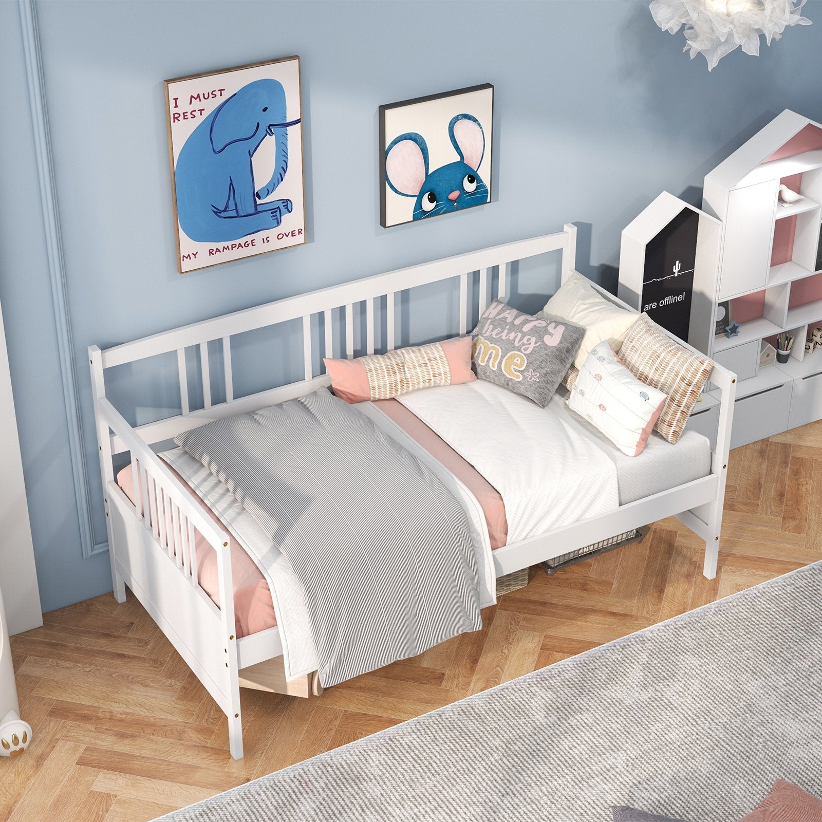 Twin Size Wooden Slats Daybed Bed with Rails-Gray