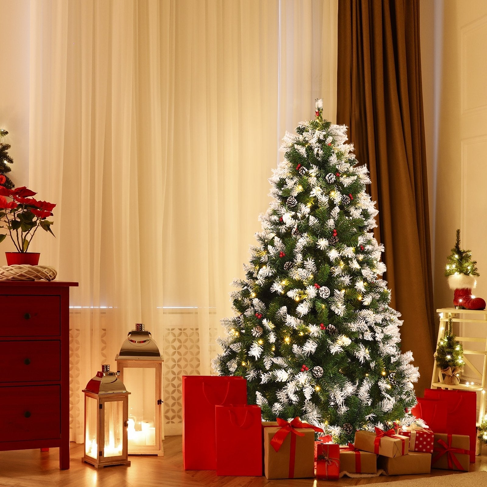 Pre-lit Snow Flocked Christmas Tree with Red Berries and LED Lights-7.5 Feet