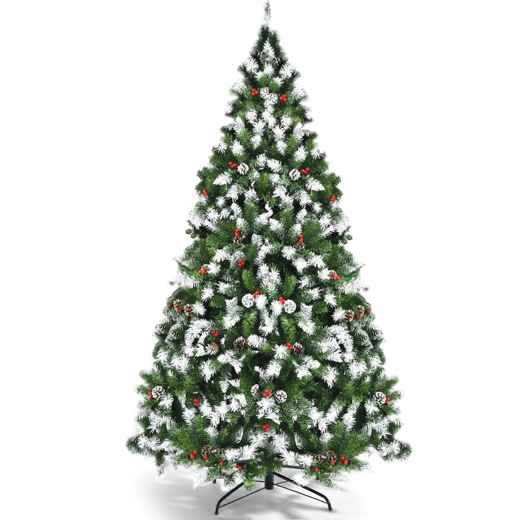Pre-lit Snow Flocked Christmas Tree with Red Berries and LED Lights-7.5 Feet