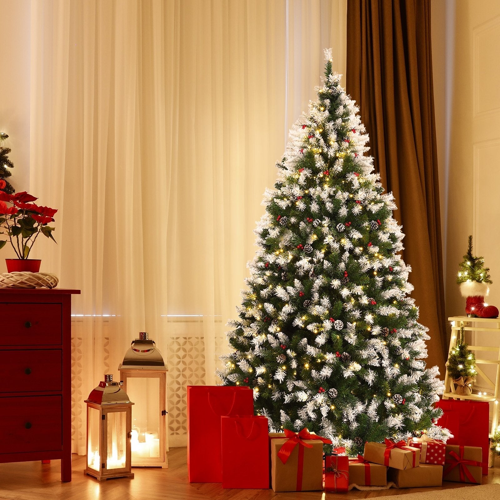 Pre-lit Snow Flocked Christmas Tree with Red Berries and LED Lights-7.5 Feet