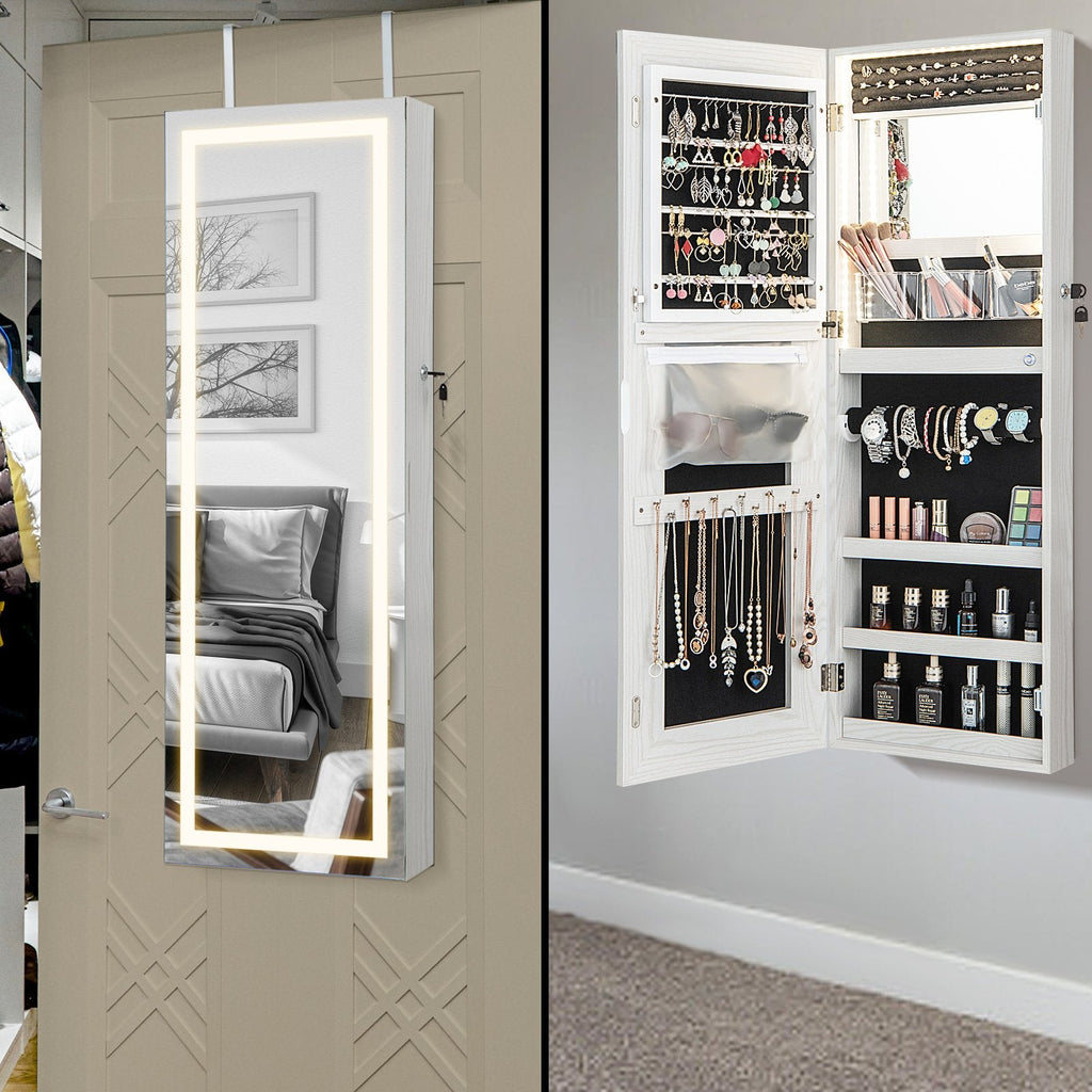 42.5 Inches Lockable Jewelry Mirror Wall Cabinet with 3-Color LED Lights-Black