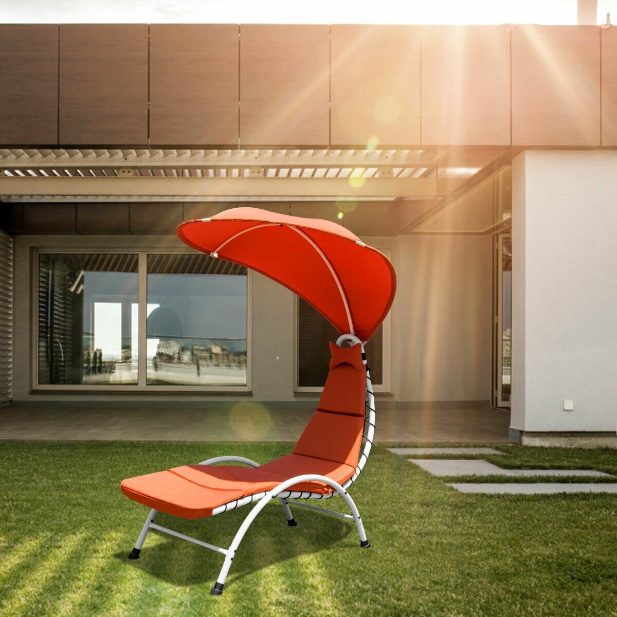 Patio Hanging Swing Hammock Chaise Lounger Chair with Canopy-Beige