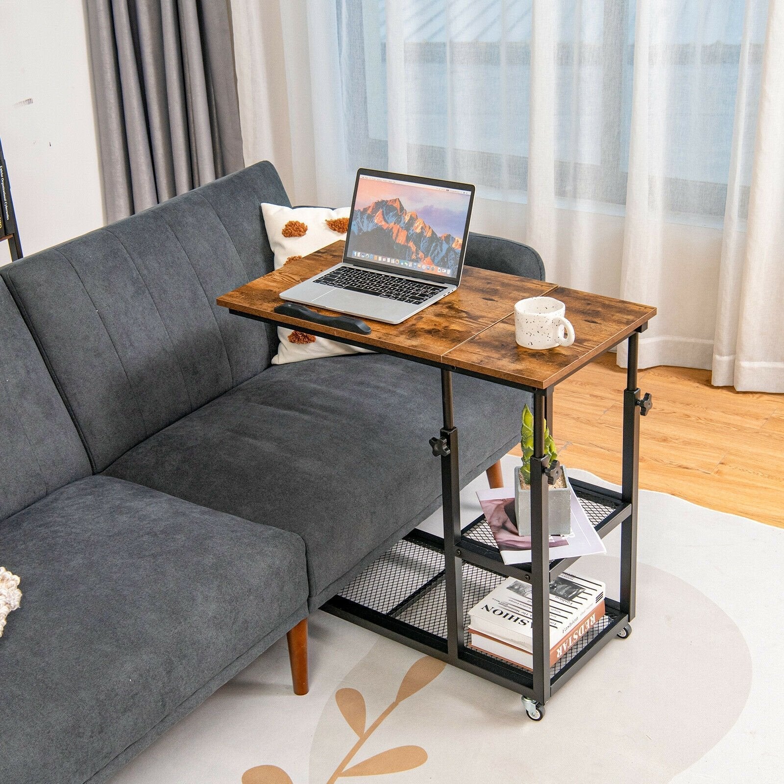 Adjustable C-Shaped Bedside Table with Wheels-Natural