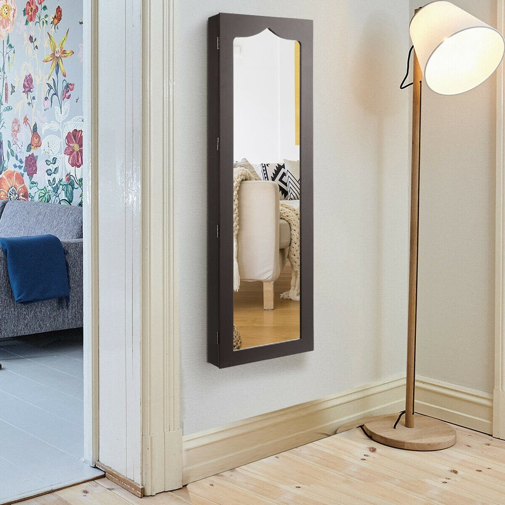 Lockable Wall Mounted Mirror Jewelry Armoire with 5 LEDs and 6 Drawers-Black