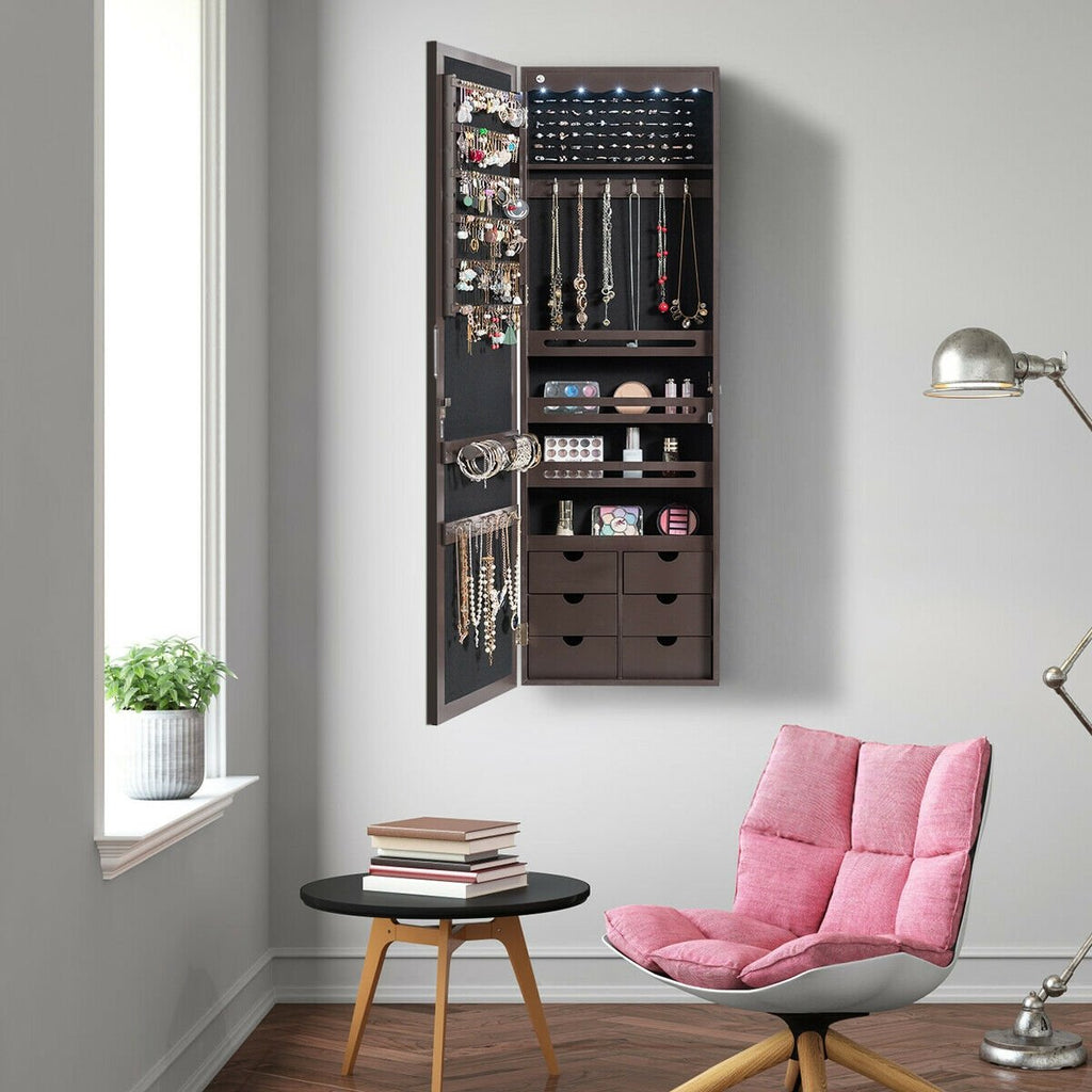 Lockable Wall Mounted Mirror Jewelry Armoire with 5 LEDs and 6 Drawers-Black