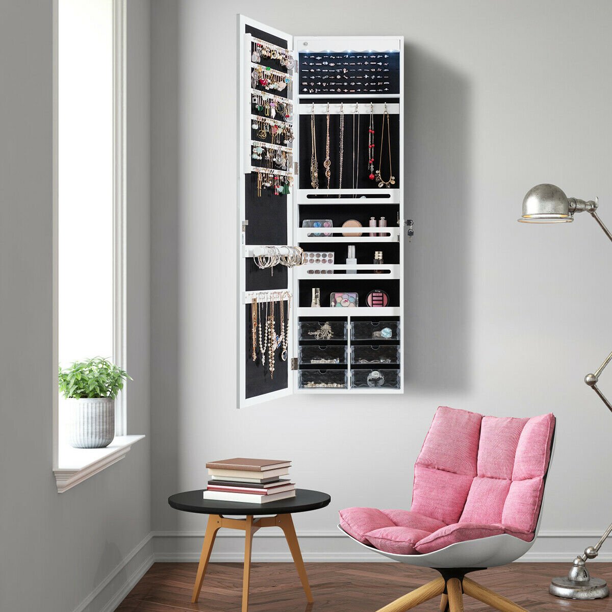 Door Hanging Mirror Jewelry Armoire with Full Length Mirror and 6 Drawers-Black