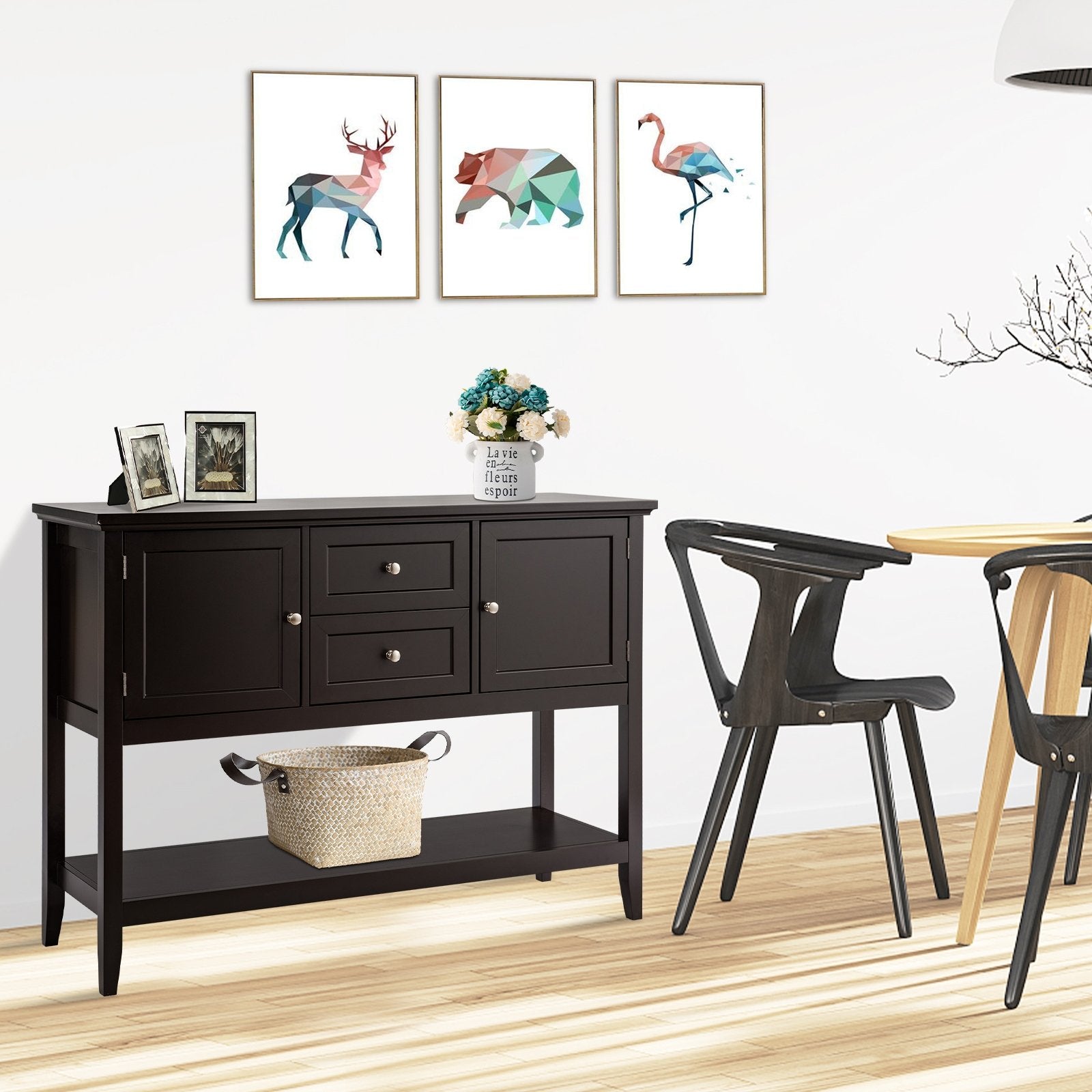 Wooden Sideboard Buffet Console Table  with Drawers and Storage-Beige