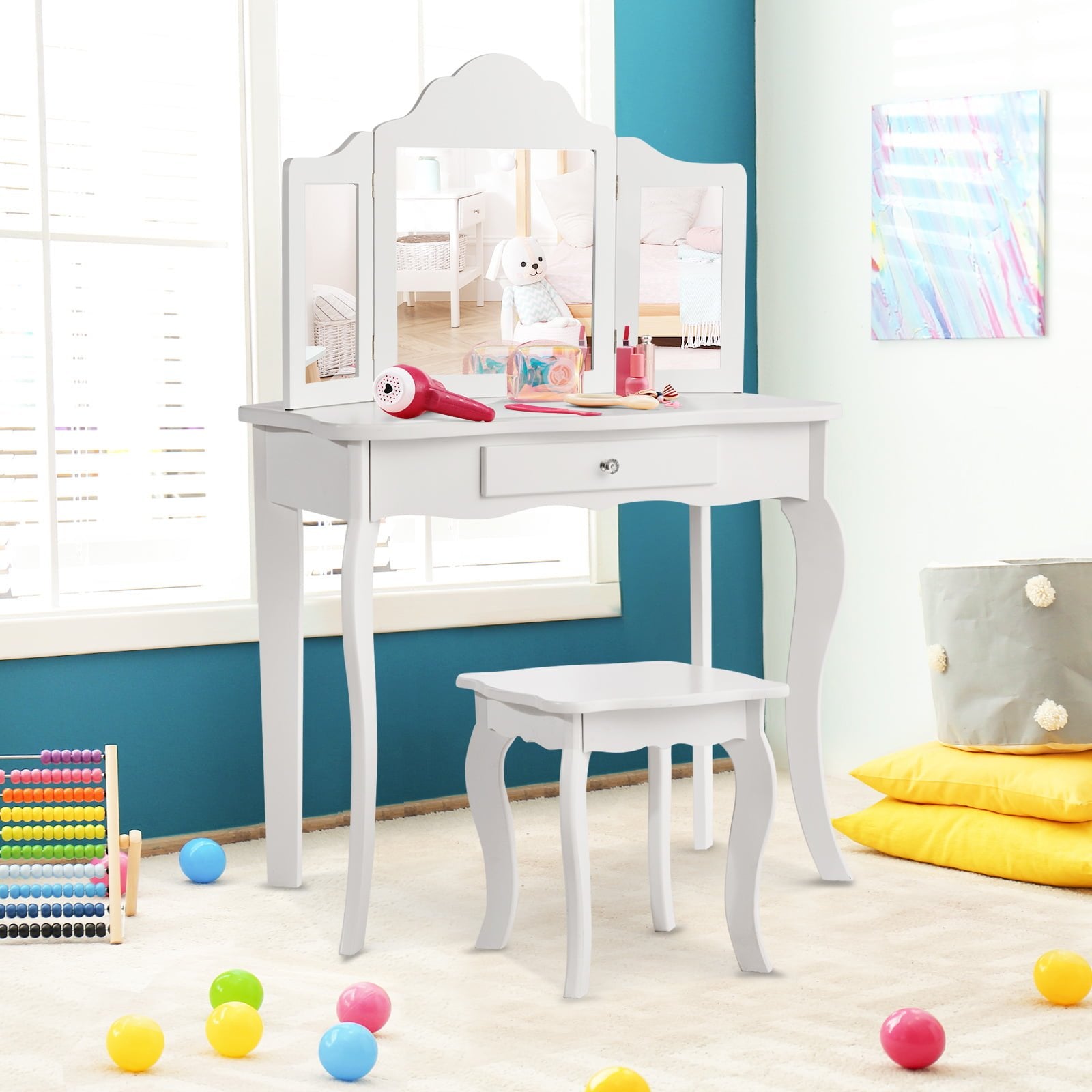 Kids Makeup Dressing Mirror Vanity Table Stool Set-Pink