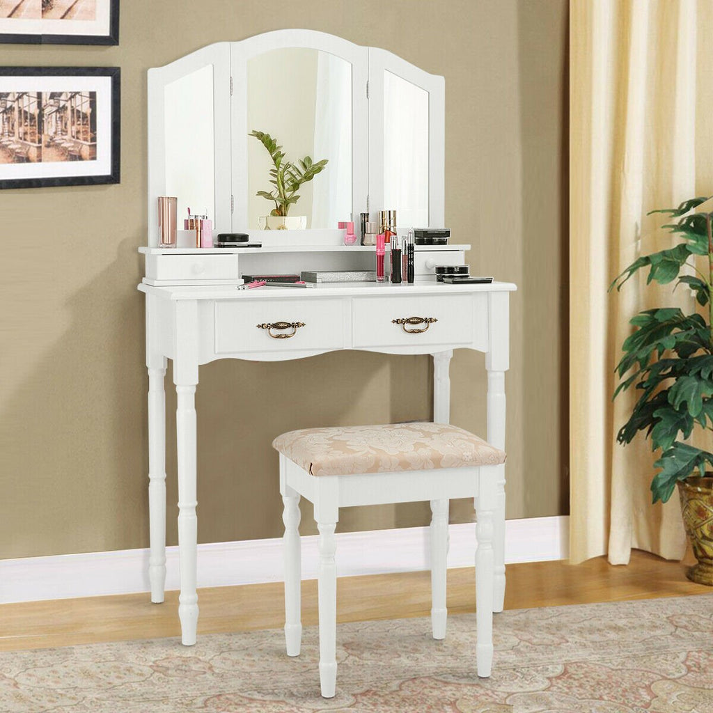 Simple Vanity Set with Tri-Folding Mirror Drawers and Storage Shelf-Black
