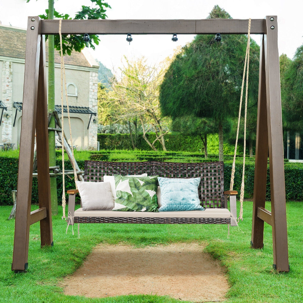 2-Person Rattan Hanging Porch Swing Chair-Black