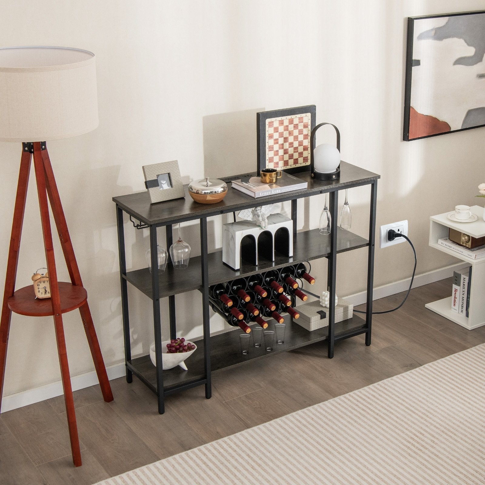 Industrial Wine Rack Wine Bar Cabinet with Storage Shelves-Brown