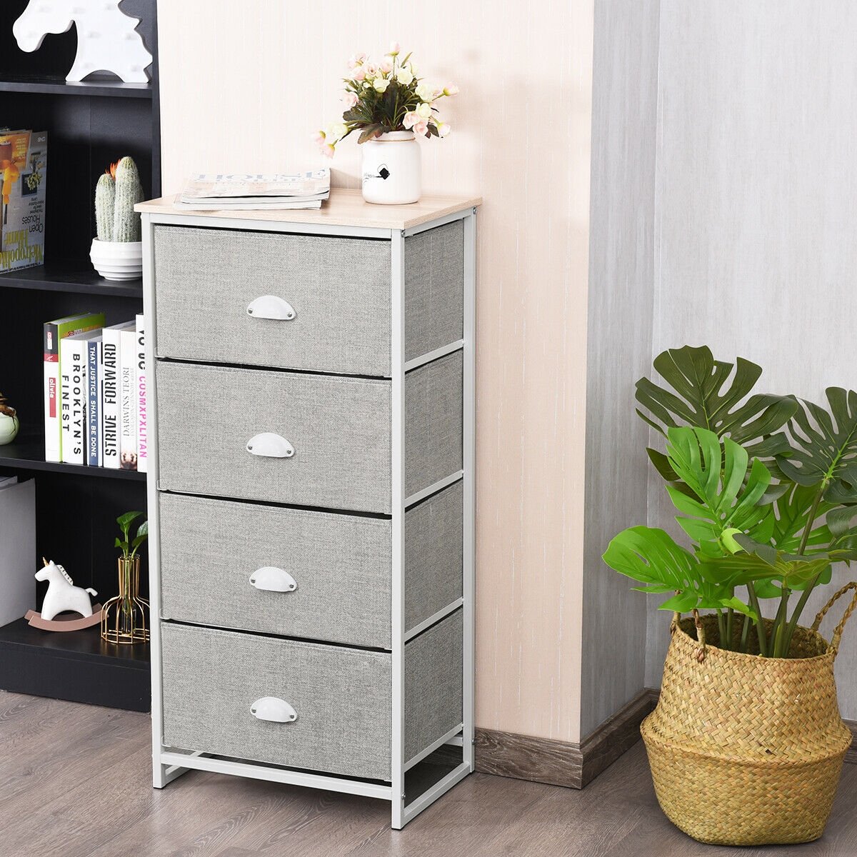 Chest Storage Tower Side Table Display Storage with 4 Drawers-Black