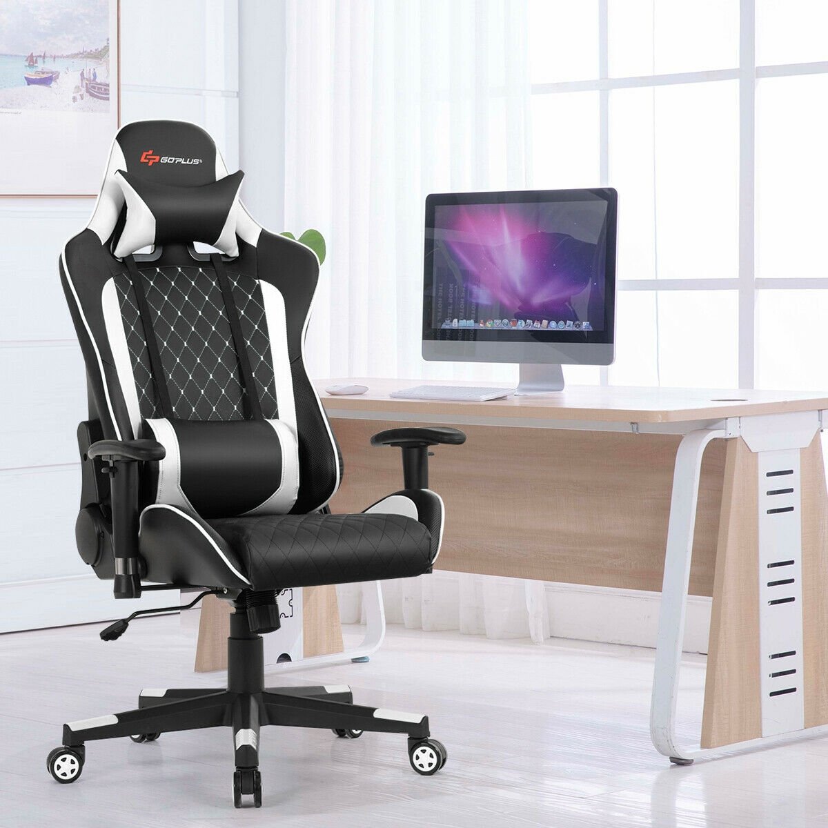 Massage Gaming Chair with Lumbar Support and Headrest-Blue