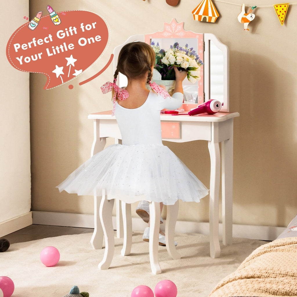 Princess Vanity Table and Chair Set with Tri-Folding Mirror and Snowflake Print-Blue