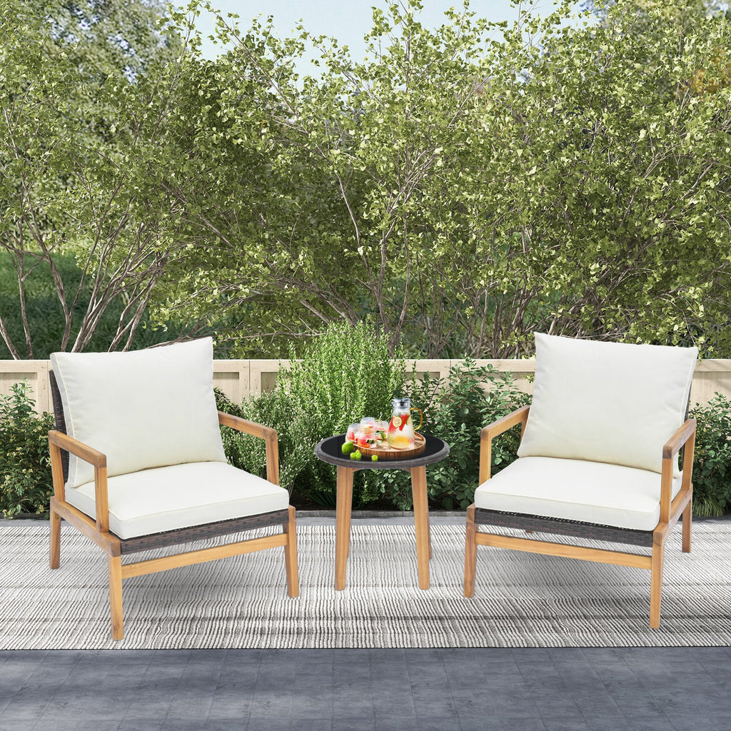 3 Pieces Patio Furniture Set with Cushioned Chairs and Tempered Glass Side Table-Black