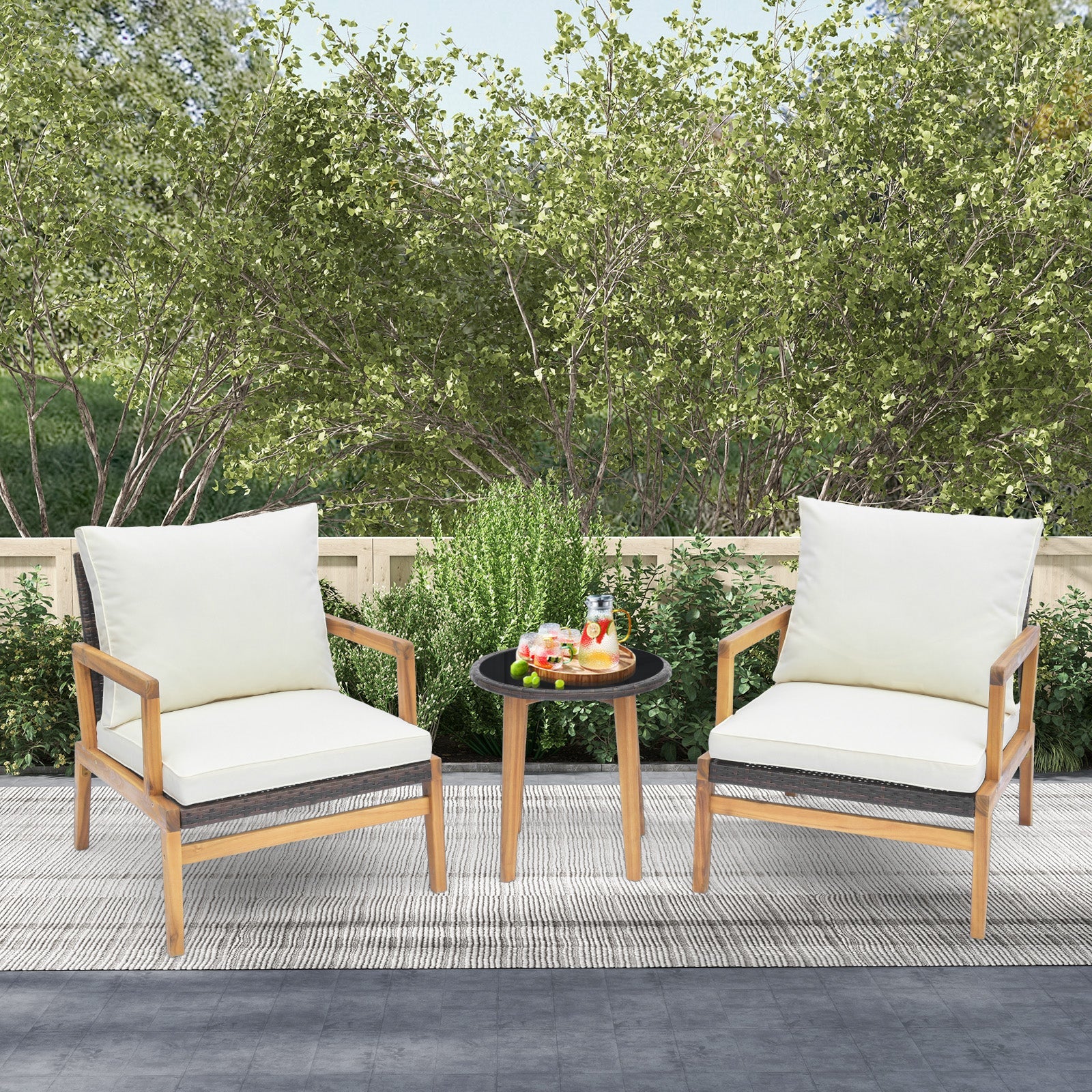 3 Pieces Patio Furniture Set with Cushioned Chairs and Tempered Glass Side Table-Black