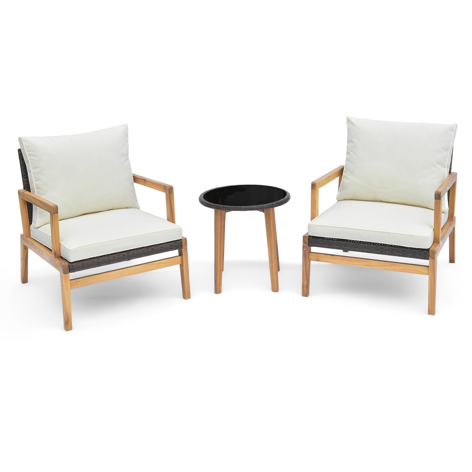 3 Pieces Patio Furniture Set with Cushioned Chairs and Tempered Glass Side Table-Black
