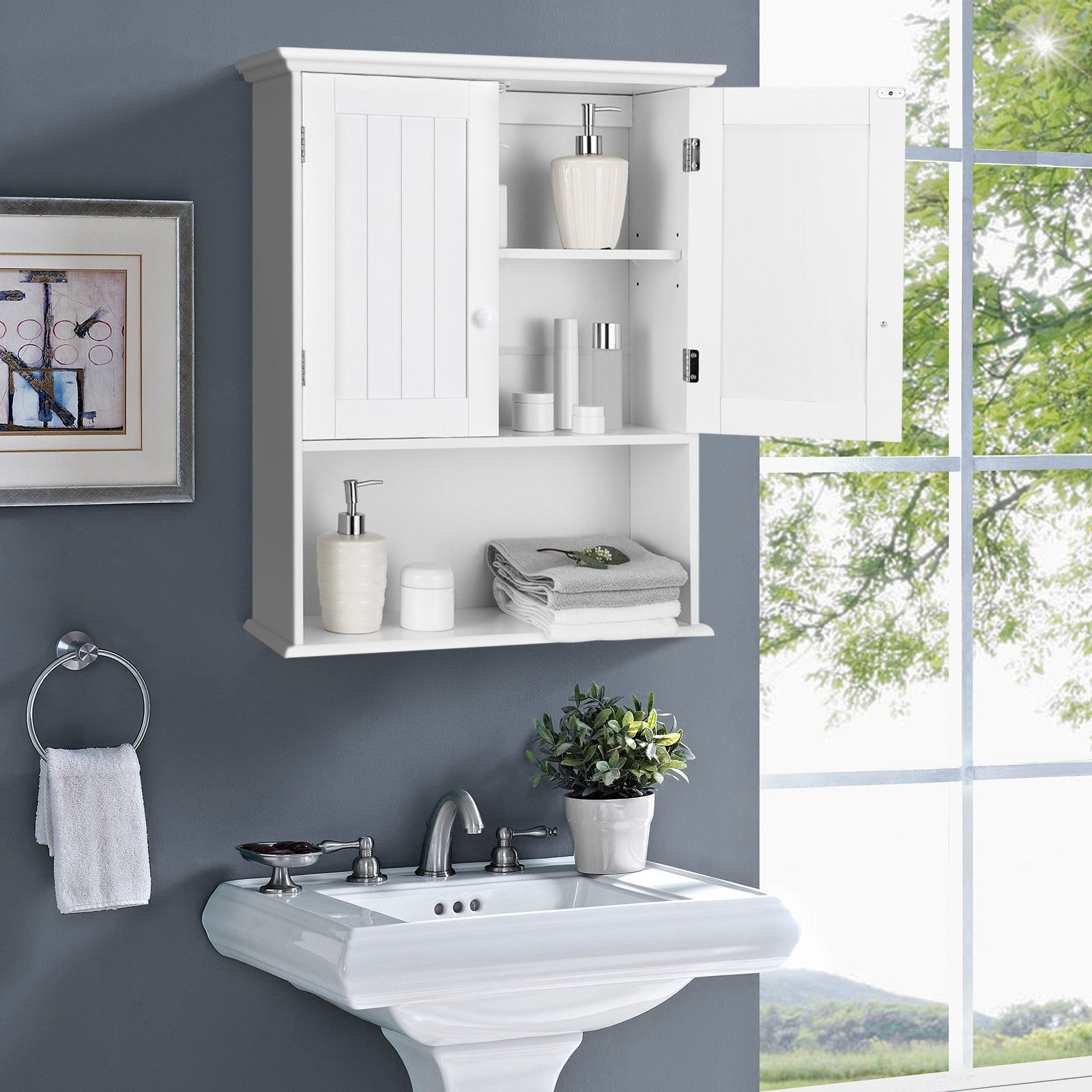 2-Door Wall Mount Bathroom Storage Cabinet with Open Shelf-Black