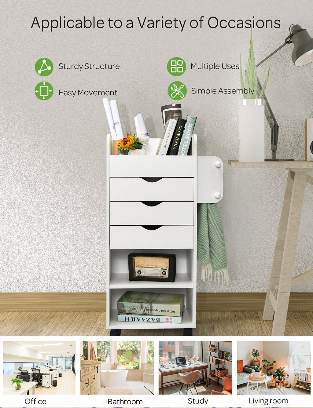 Wooden Utility Rolling Craft Storage Cart-White