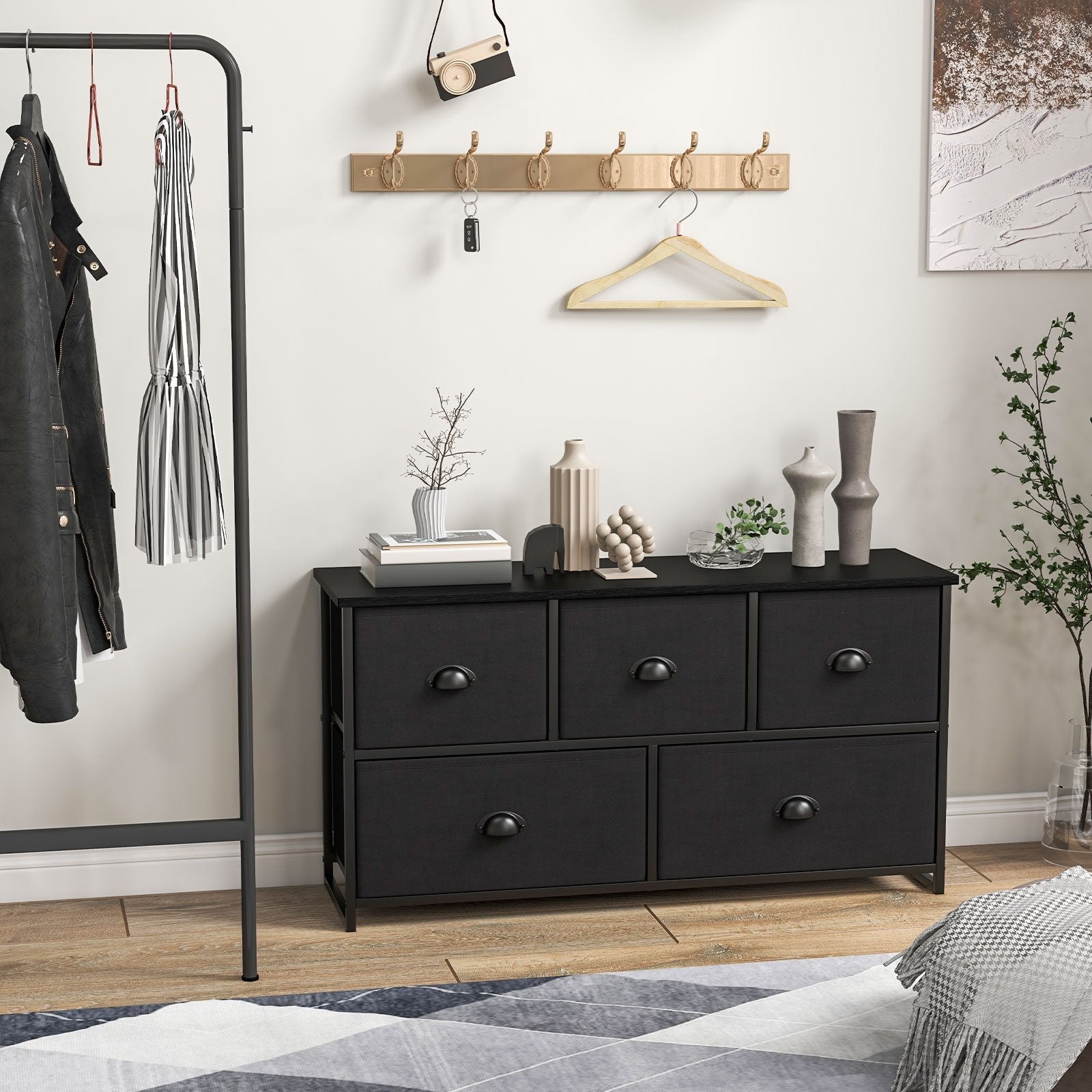 Dresser Storage Tower with 5 Foldable Cloth Storage Cubes-Black