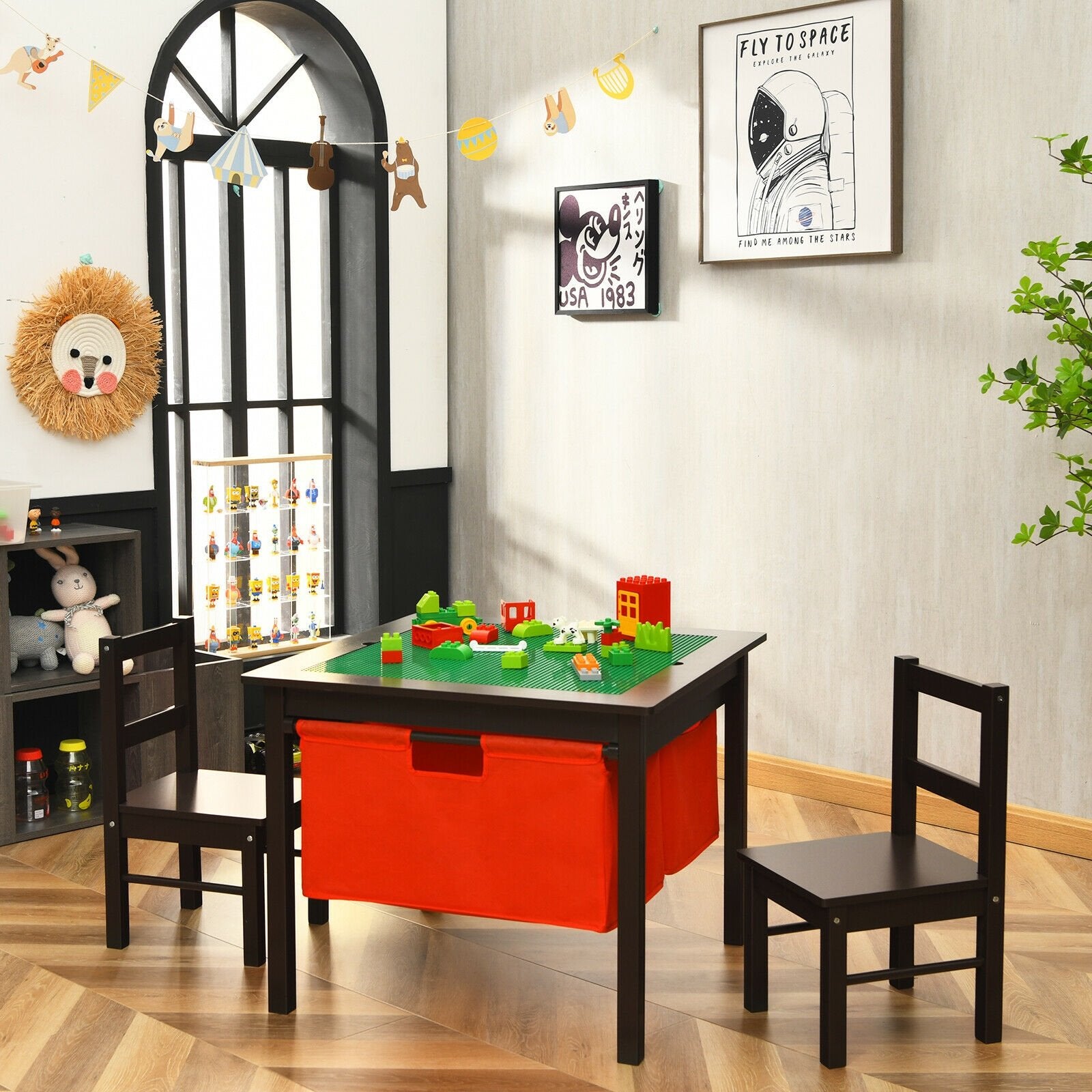 2-in-1 Kids Activity Table and 2 Chairs Set with Storage Building Block Table-Dark Brown