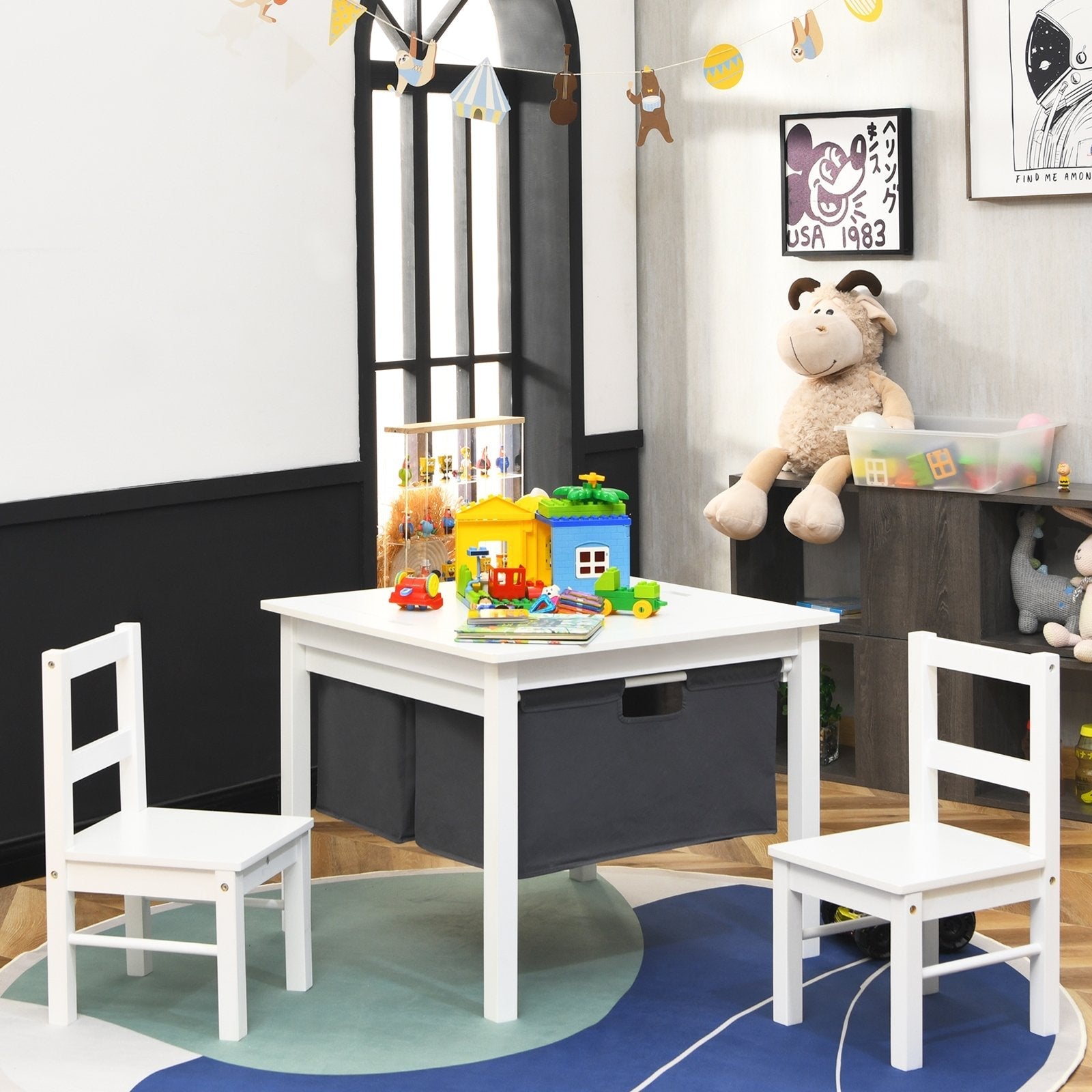 2-in-1 Kids Activity Table and 2 Chairs Set with Storage Building Block Table-Dark Brown