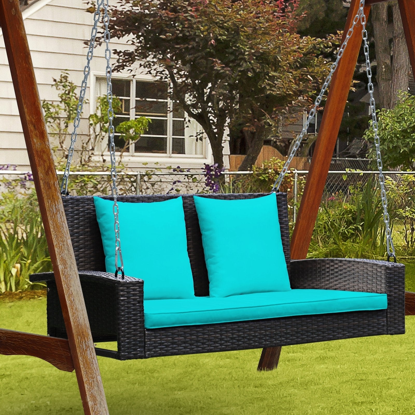 2-Person Patio Rattan Porch Swing with Cushions-Black