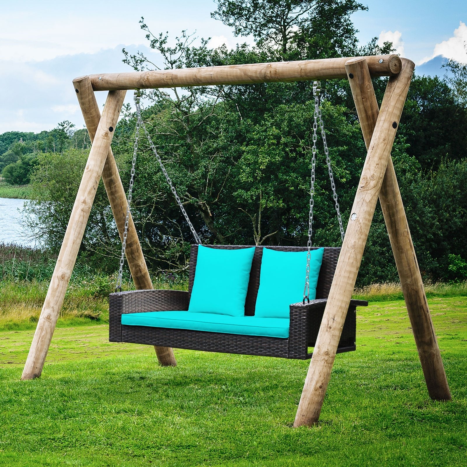 2-Person Patio Rattan Porch Swing with Cushions-Black