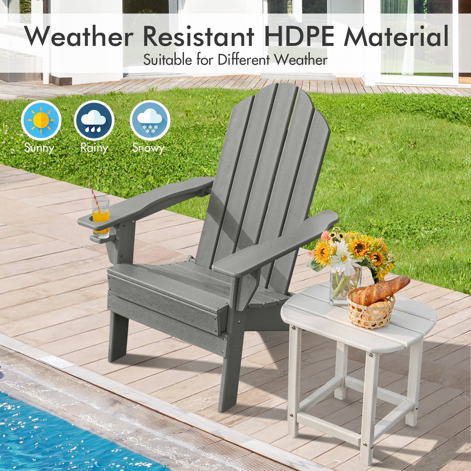 Foldable Weather Resistant Patio Chair with Built-in Cup Holder-Black