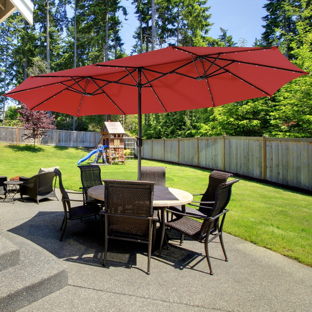 15 Feet Twin Patio Umbrella with 48 Solar LED Lights-Beige