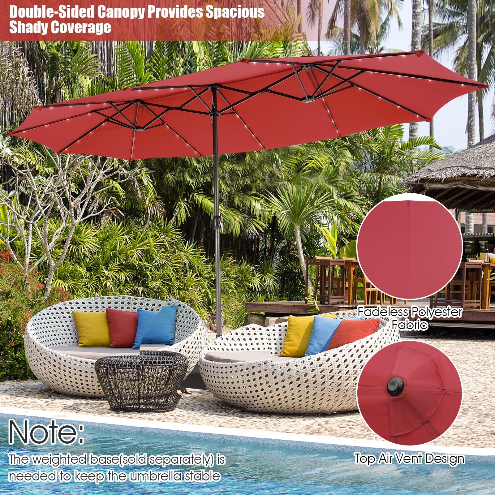 15 Feet Twin Patio Umbrella with 48 Solar LED Lights-Beige