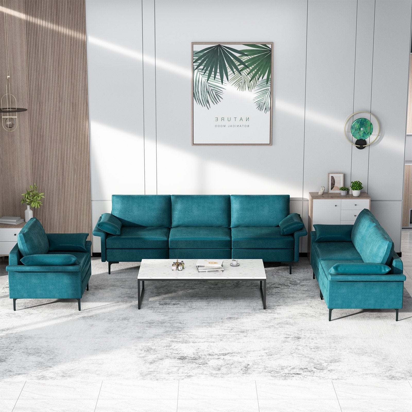 Large 3-Seat Sofa Sectional with Metal Legs and 2 USB Ports for 3-4 people-Green
