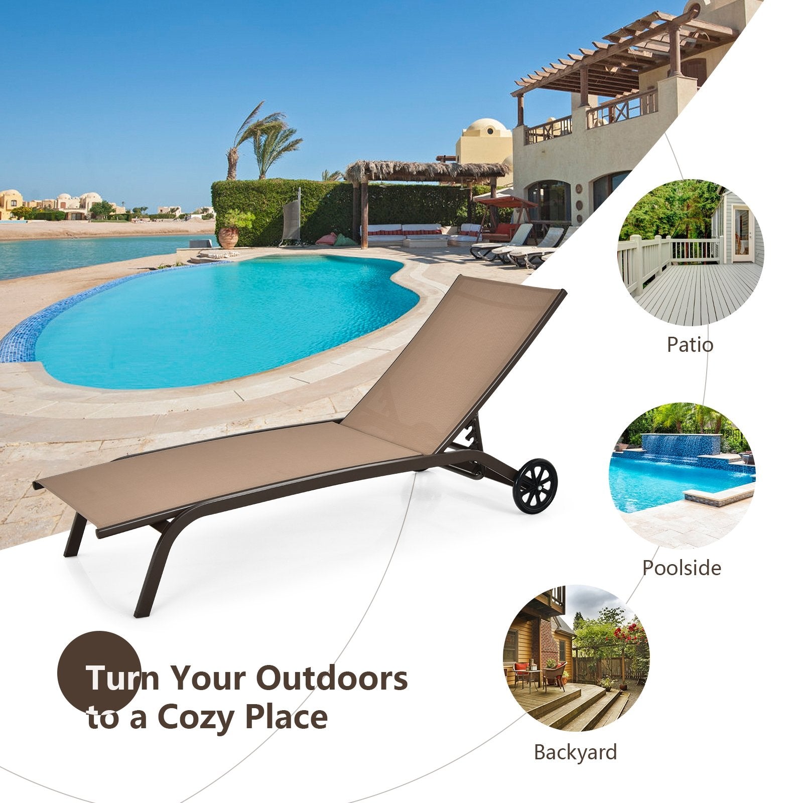 6-Poisition Adjustable Outdoor Chaise Recliner with Wheels-Black