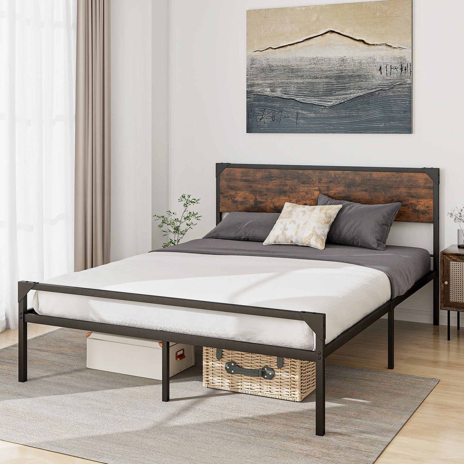 Platform Full/Queen Bed with Rustic Headboard and Footboard-Full Size