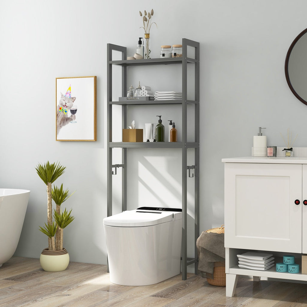 Over-The-Toilet Storage Shelf Space Saving Metal Bathroom Organizer Hooks-Brown