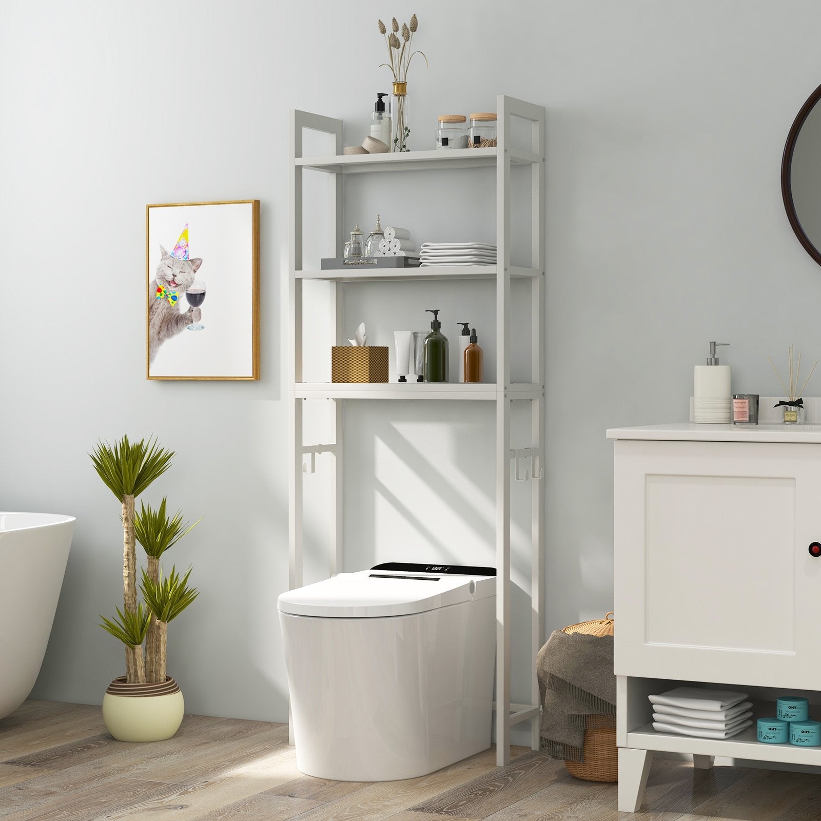 Over-The-Toilet Storage Shelf Space Saving Metal Bathroom Organizer Hooks-Brown