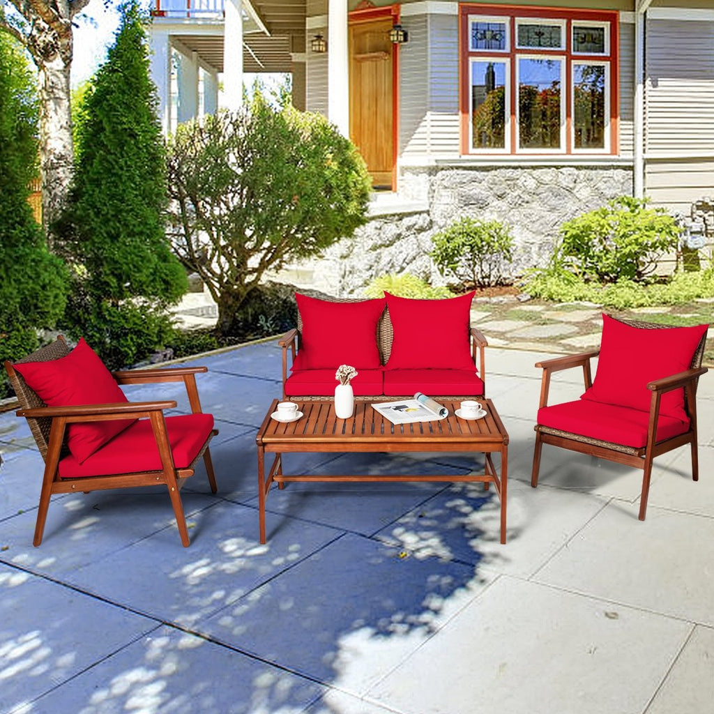 4 Pieces Acacia Wood Patio Rattan Furniture Set-Brown