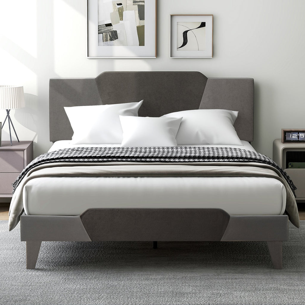 Full/Queen/Twin Velvet Upholstered Bed Frame with High Headboard-Queen Size