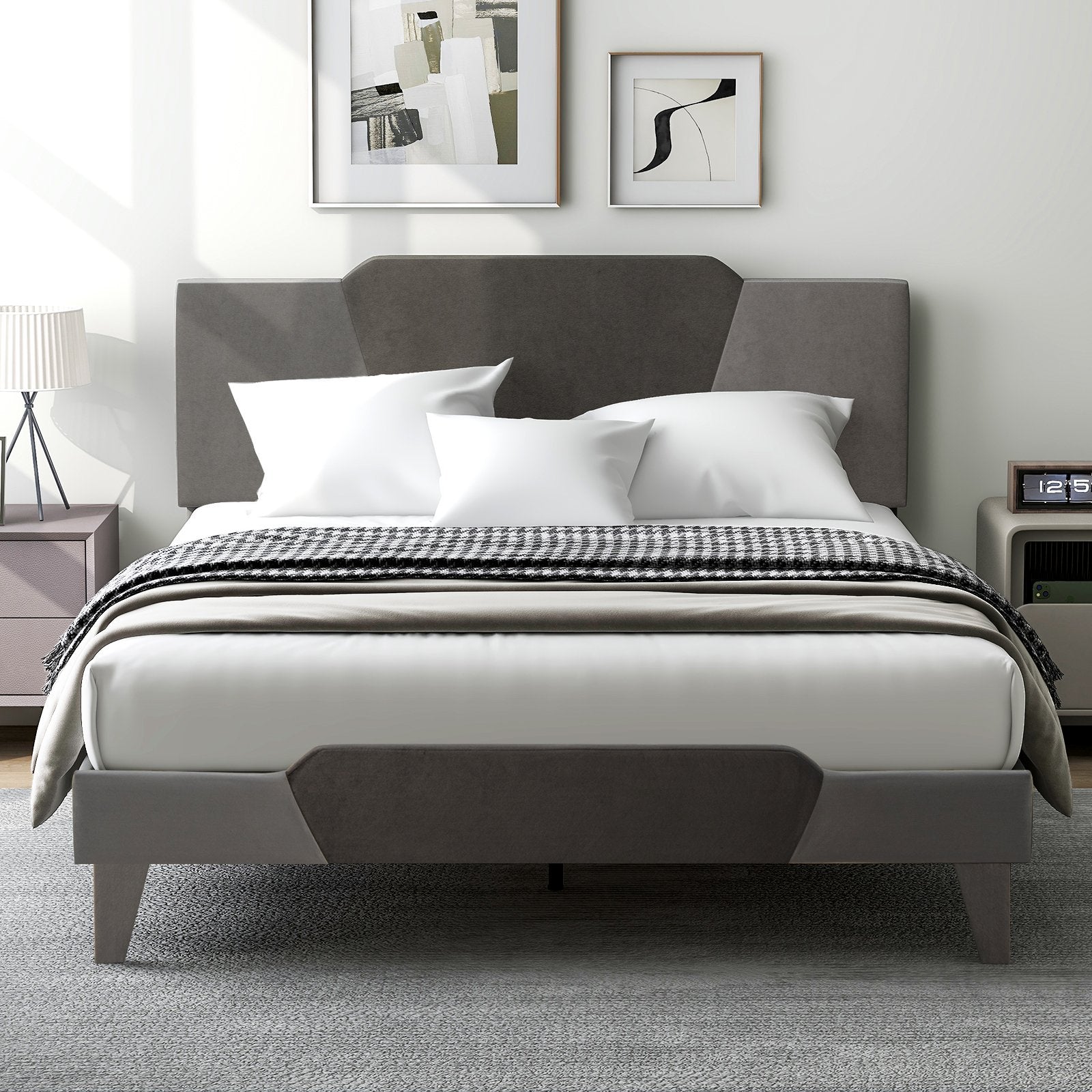 Full/Queen/Twin Velvet Upholstered Bed Frame with High Headboard-Queen Size