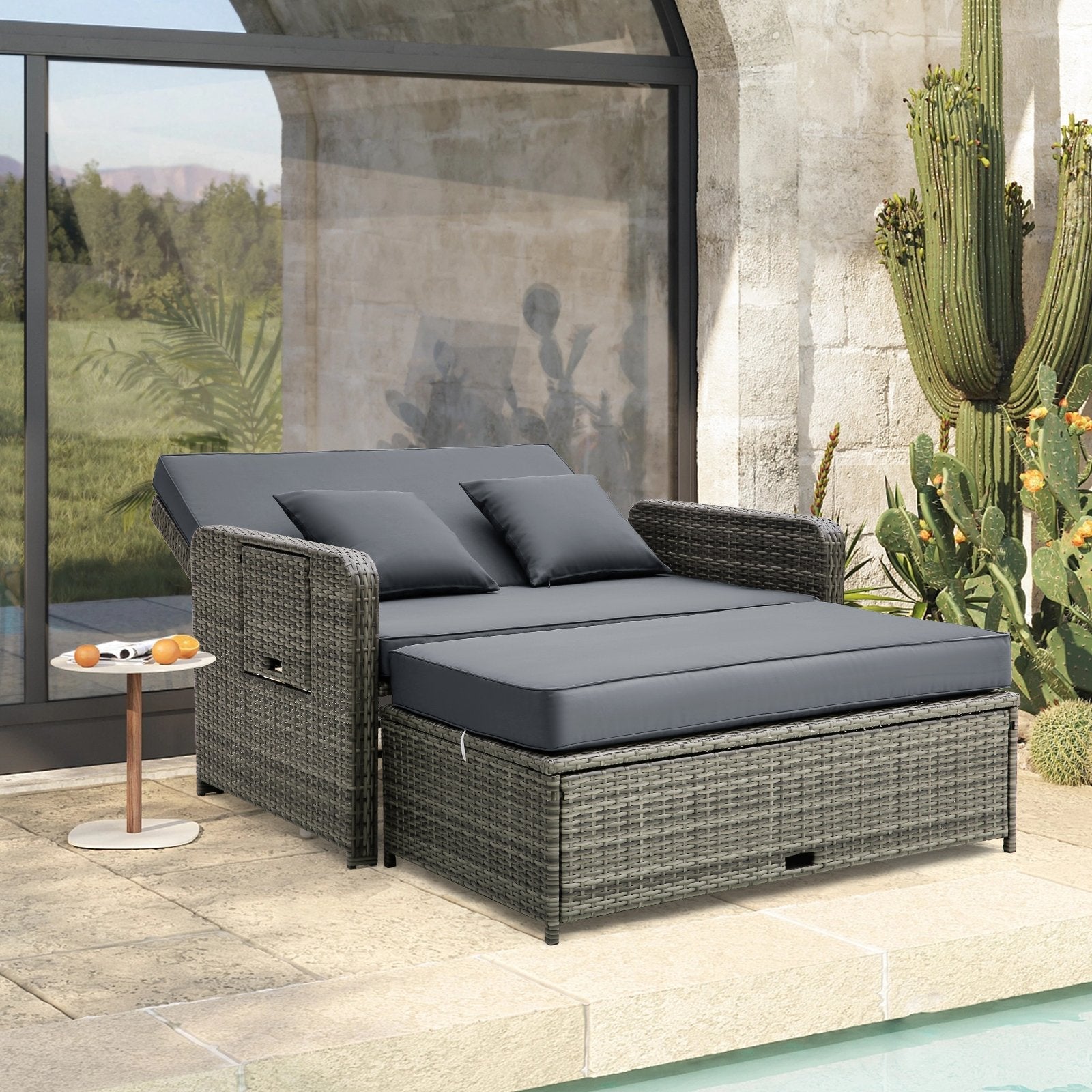 Patio Wicker Loveseat Sofa with Multipurpose Ottoman and Retractable Side Tray-Beige