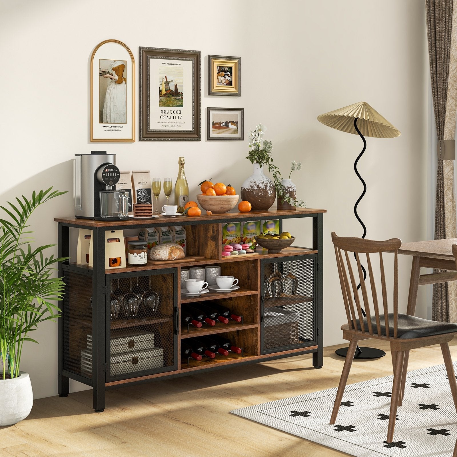 55-Inch Buffet Sideboard with 8-Bottle Wine Racks and Wine Glass Holders-Gray