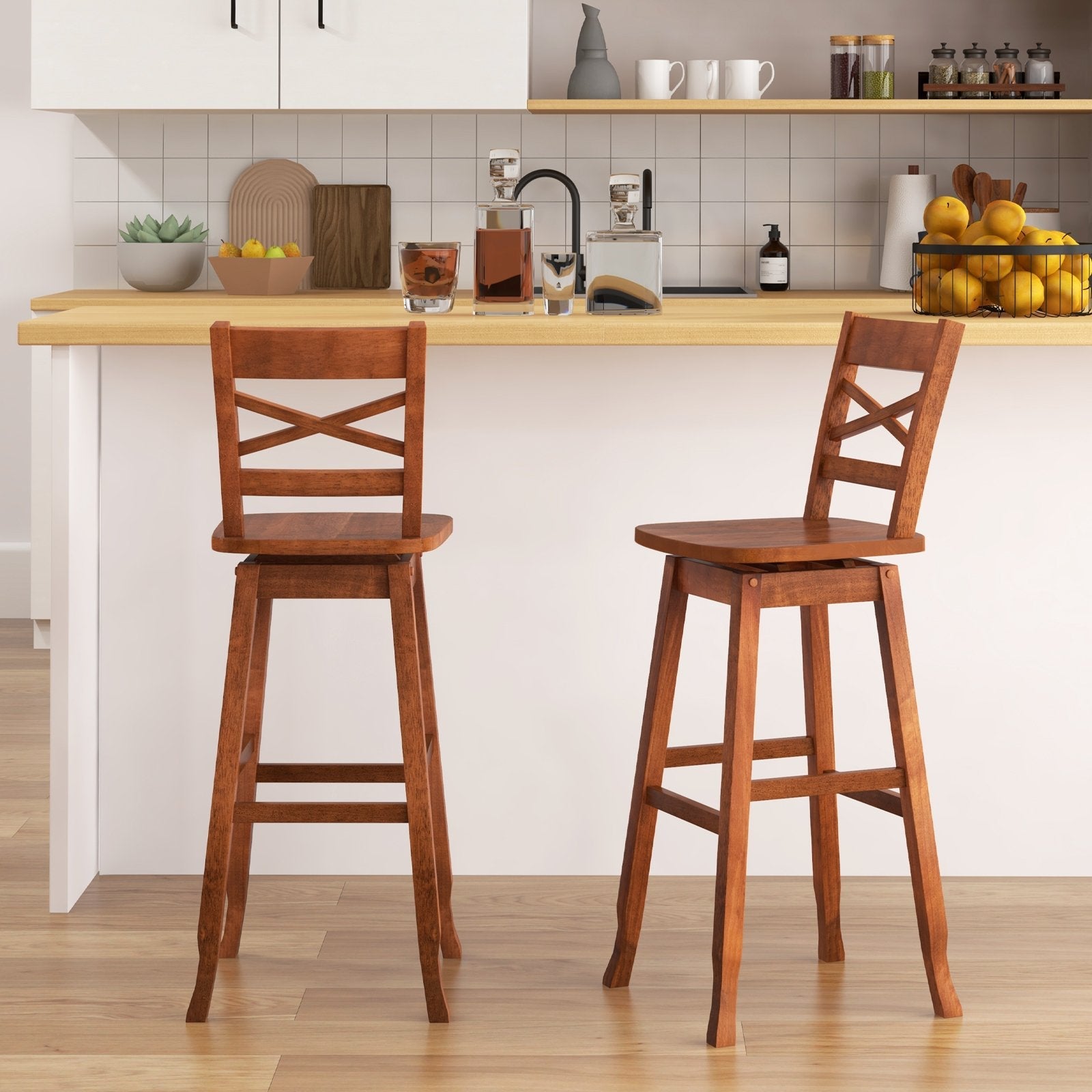 Swivel 30-Inch Bar Height Stool Set of 2 with Footrest-Cream White