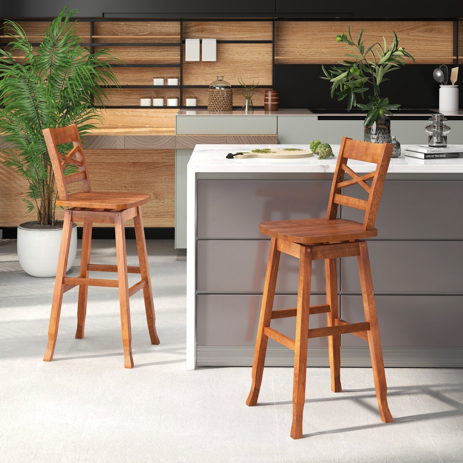Swivel 30-Inch Bar Height Stool Set of 2 with Footrest-Cream White